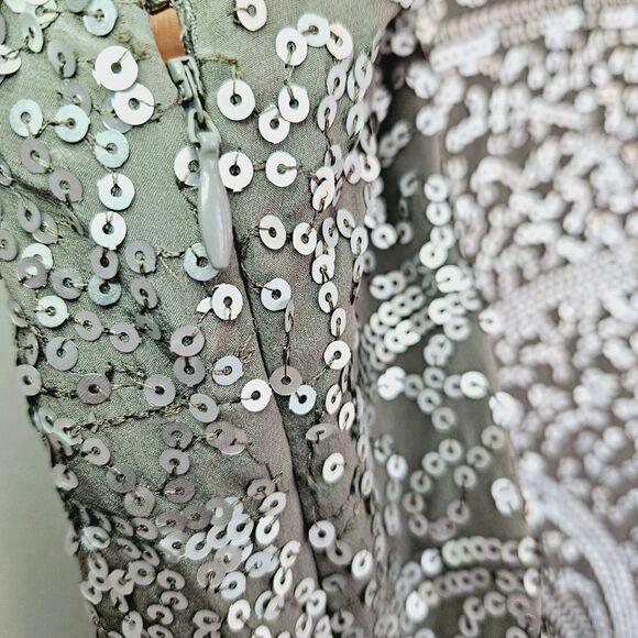 BCBGMaxAzria Silver Grey 100% Silk Sequin Sparkle Party Cocktail Slip Dress 12 - Picture 11 of 16